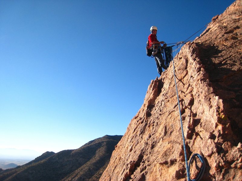 The belay at the top of pitch 5 of Moby Dick. Note the bomber slung head.