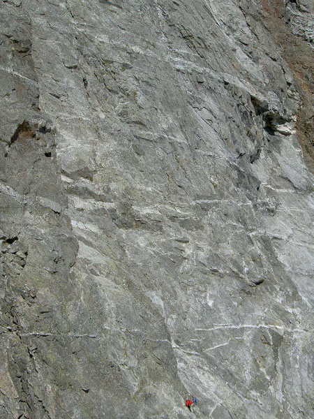 A view of us climbing the CMC route on Mt. Moran from the Drizzlepuss.