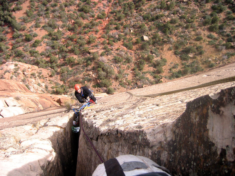 Following the short offwidth section on pitch 6