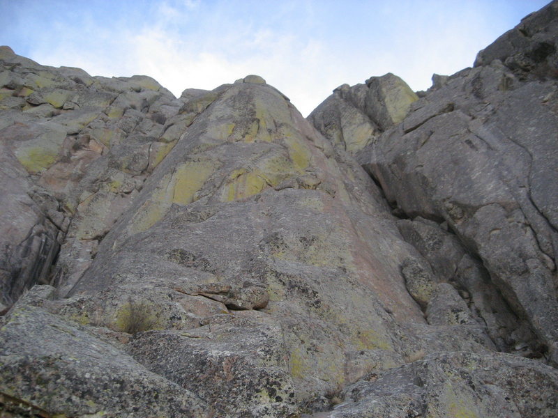 Looking up at Awful Buttress from the Bivouac ledge. I think the chimney system on the right is the Peapod route.