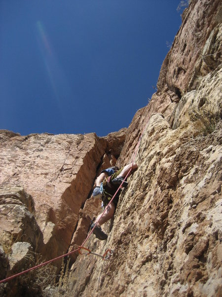 Climbing at the second clip.