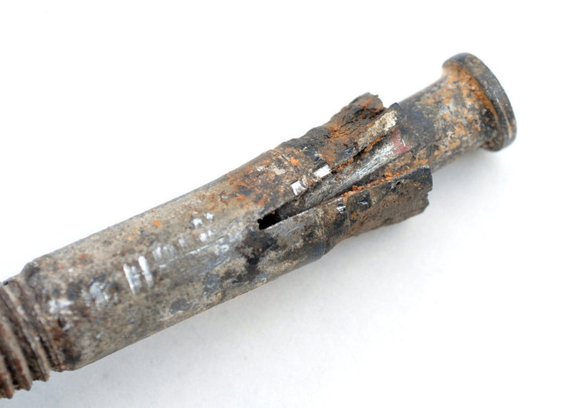 This detail reveals the significant corrosion of a 25 year old 3/8" stud bolt removed from San Ysidro.  Notice that a significant amount of mass has been eliminated from the part of the bolt that actually expands.