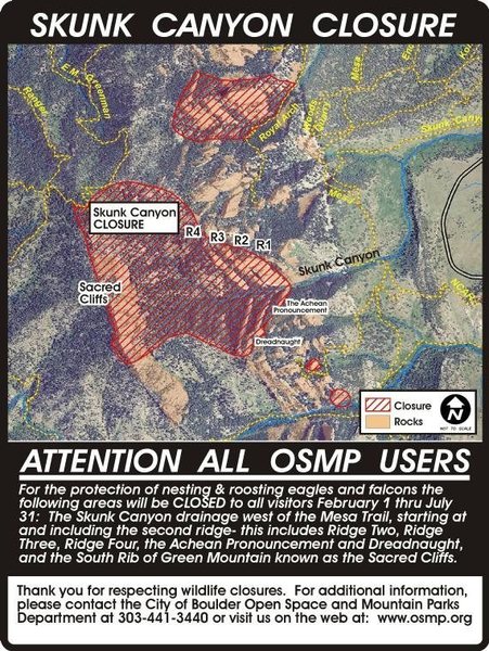 Seasonal Raptor Closure of Skunk Canyon from Feb 1st through July 31st including, Ridges two, three, and four, the Achean Pronouncement, dreadnaught, Sacred Cliffs and various Green Mountain Boulders including the Arrowhead, Gigantor, Hobbit Rock and others.<br>
<br>
The Green Mountain summit trail is open.