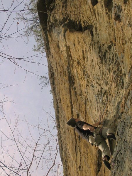 STEEEEP...as usual at the Red. <br>
<br>
Kris sizing-up Super Dario, 5.11a. <br>