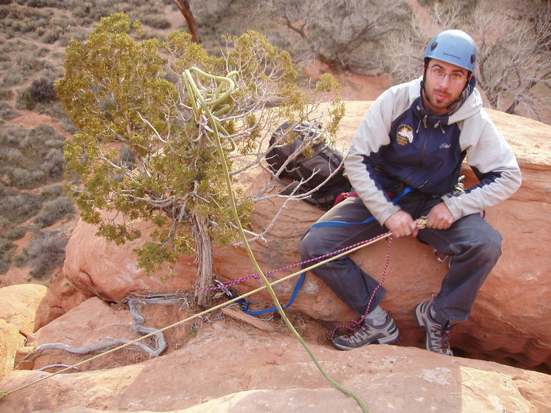 We retied a new achnor with a steel rap ring. The summit anchor is a solid pin and this "tree."