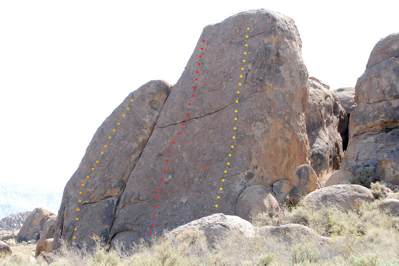 Hoodgie Wall<br>
Orange: Leonosphere (5.8)<br>
Red: Ankles Away (5.8)<br>
Yellow: Hoodgie (5.6)