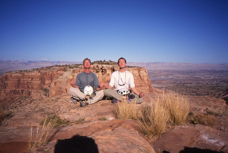 Carl Pelletier and Kurt Johnson enjoying a moment of meditative bliss on the summit of Independence Monument.