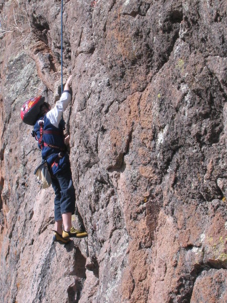 Cody working through one of the cruxes on "A La Verga" on the Cattle Call Wall at Las Conchas. March 23, 2008.