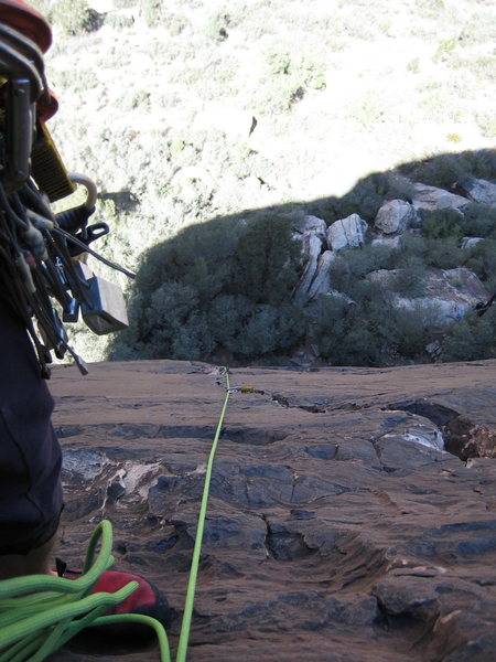 Looking down the 130' of the first pitch (5.8ish) of Fold Out.