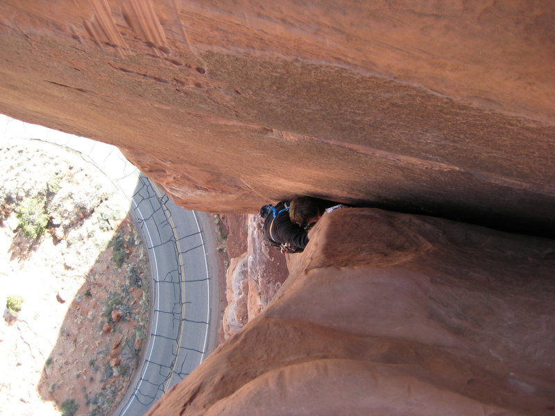 Fredrich (?), a random guy we met from France, through the offwidth crux of the first pitch.