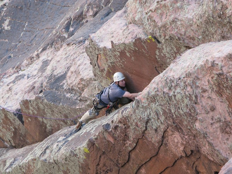 Brett on the final pitch. I thought this corner was the crux of the climb (5.7), the recent guidebook called it 5.6.