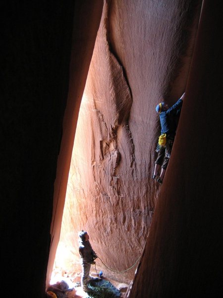 Patrick onsighting The Cave Route. Battle Of The Bulge Buttress. Indian Creek, Utah.