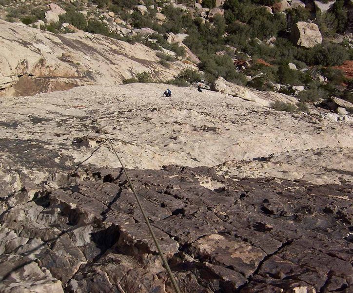 Looking down the Lady Luck slab from the top of the second pitch.