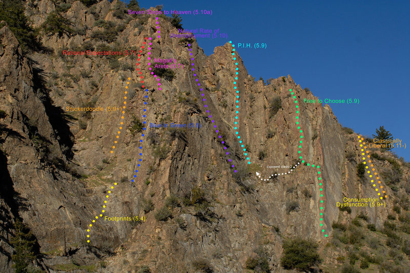 This photo shows many of the routes in both the Central and Right-Side Gullies at the Fortress. It is now possible, with a little creativity, to link a complete circuit of both gullies.