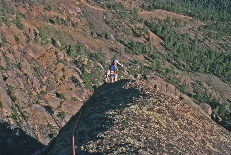 Peter Gallagher approaching the summit of the Gum Drop Spire on the FA. June, 1980.