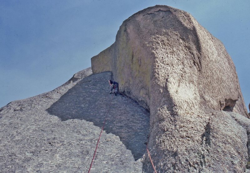 Mack Johnson leading the dihedral pitch (pitch 8 on the topo, pitch 7 in the posted description). Second ascent. May, 1980.