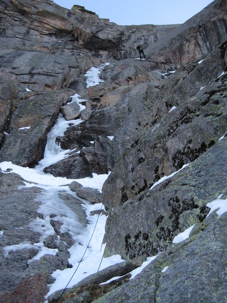 Looking up at P3, where the WI5 & M5 moves around the Kite Rock are the crux.