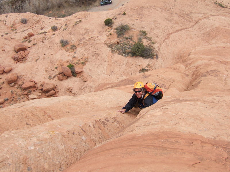 Paul V enjoying the second pitch.  The cars visible below are in Jaycee Campground.<br>
