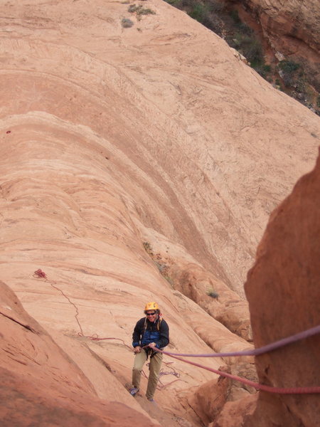 Paul V rapping off the top. 2 double rope rappels get you to the ground on the right side of the formation.