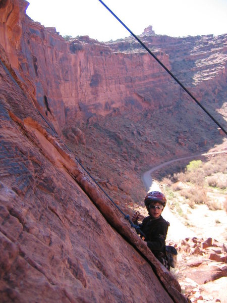 Cody at the beginning of an unknown 5.6ish slab to the right of the big crack, center stage at the Ice Cream Parlor. April 4, 2008.