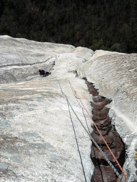 The water groove on P5 is often wet, adding to the difficulty. Photo by Denmark.