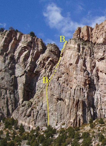 Dots indicate parts of the route behind the arete, out of view.