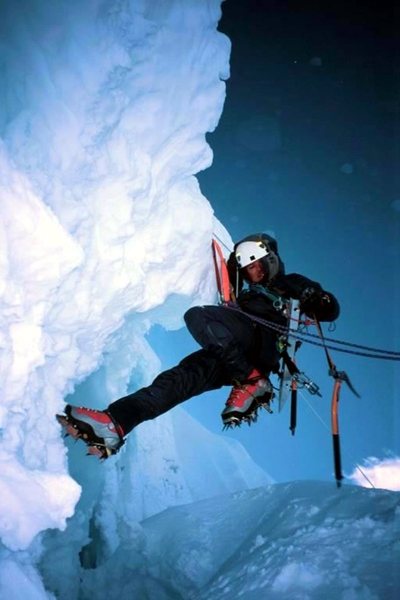 Jim Hefner climbing the 'schrund on the Ferrari Route, Alpamayo.