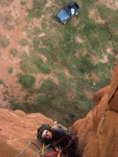 Lucas Laeser at the belay on the FA of the east face, Venus Needle. Navajo Leo Watchman, who carted all our gear out in his Jeep, is watching below.