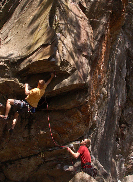 Sam Todzia making the last big juggy move before the technical upper part of the route.