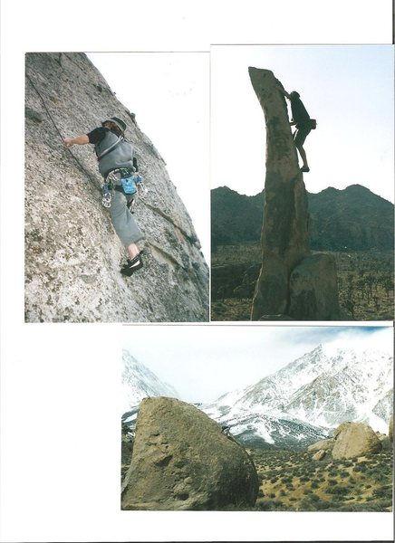 upper left is a fun route at Phantom Spires. Upper right is Auguille de Joshua Tree. Bottom picture is the descent for Grandma Peabody (Buttermilks)