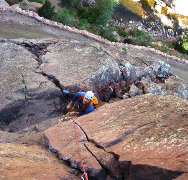 Looking down on the belay ledge atop pitch #2 (our pitch #1).
