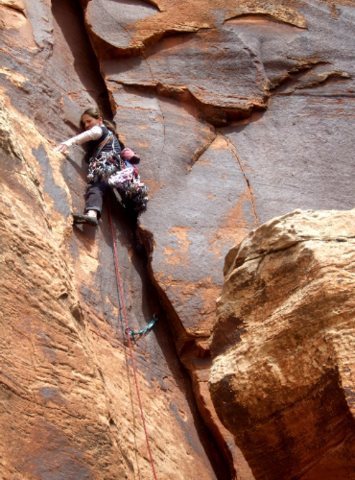 Joey hauling massive amounts of hardware up pitch one of Elephant Ear-5.10.