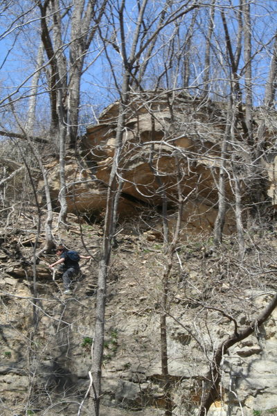 Hunt making the heinous descent from the Danger Boulder (as it appears from the road).