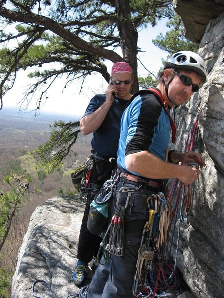 Scott S takin' care of business while I do all the work ;-) GT Ledge atop P1 of Dennis, Gunks