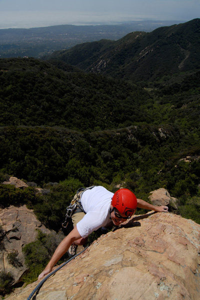 Bruce Levine nears the top of arete above the Nose at Gibraltar.<br>
<br>