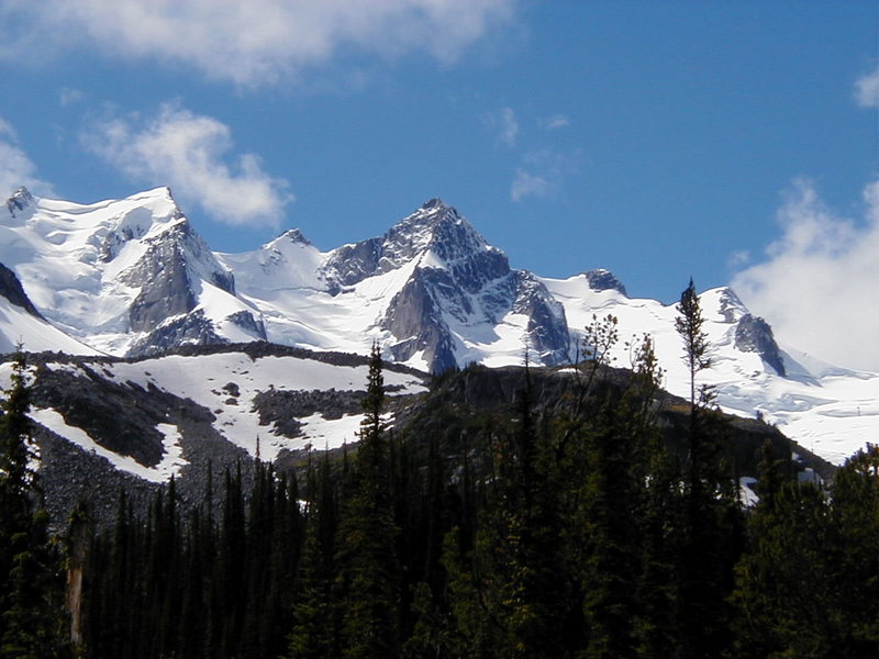 Mts. Austerity (right) and Adamant (left) from the Fairy Meadows side of the range.