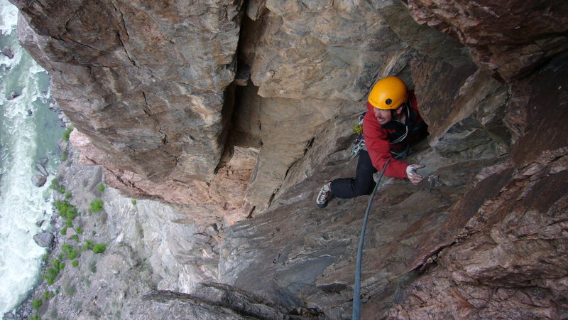 Erik Wellborn taking in the view up on the Russian Arete, climbed on April 29th 08. (pitch 2/3) Photo taken by Trask Bradbury.