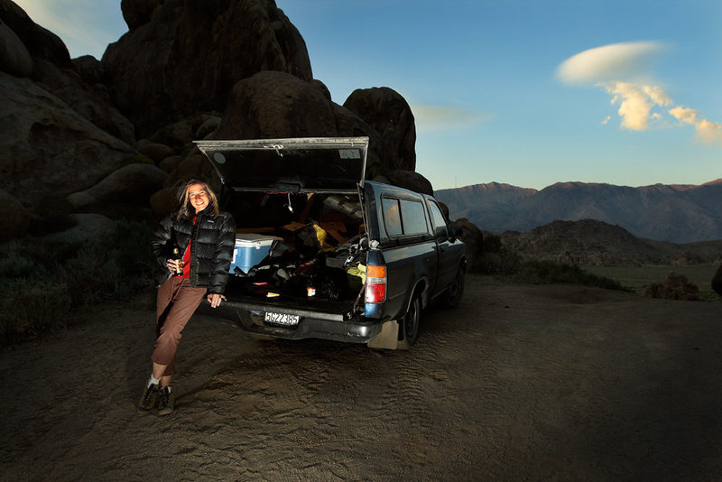 The proverbial Toyota truck, the essential beer, the tailgate sticking its tongue out into the wind. In other words, after-climb glow in the Alabama Hills.