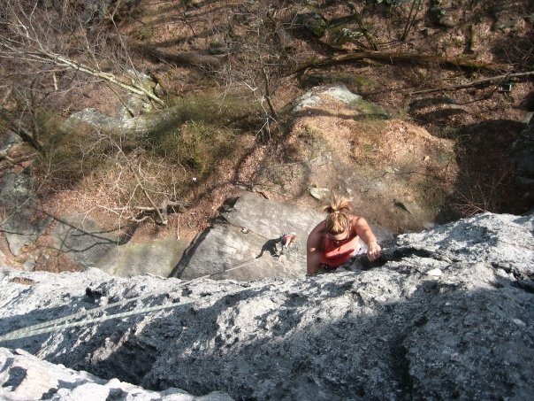 Tanya climbs Vertical (5.6) at Breakaway Wall, Rocks State Park.