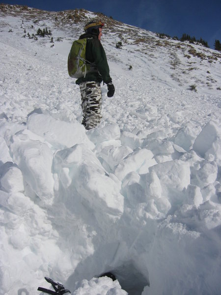 Mid-sized avalanche triggered by me backcountry skiing at Loveland Pass, Colorado, Jan. 2008.  Me and my partner survived unscathed!