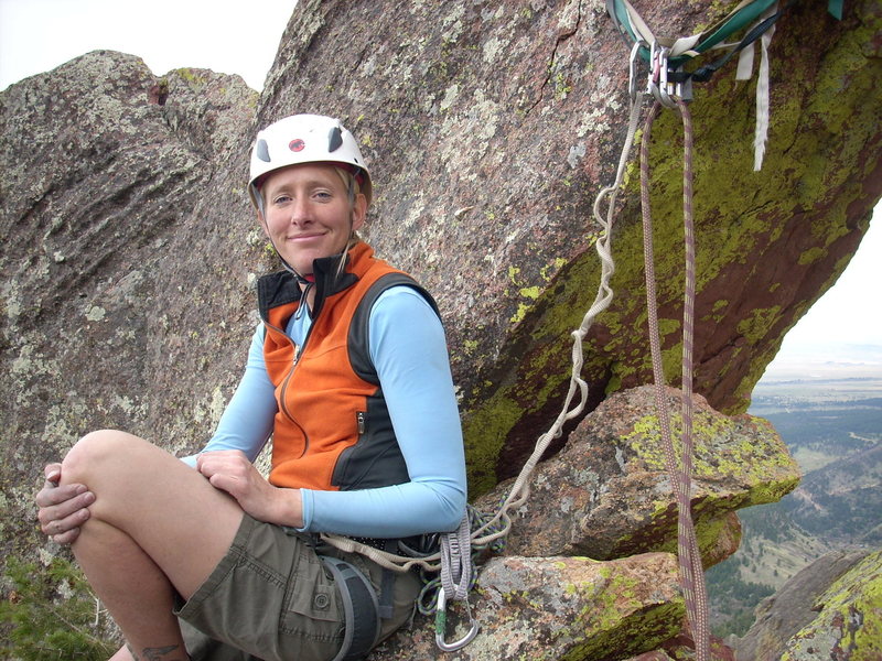 Tracy at the rap anchor. This rock arch is pretty funky, in that it is just a bunch of blocks leaning on each other. The next photo shows the arch better.