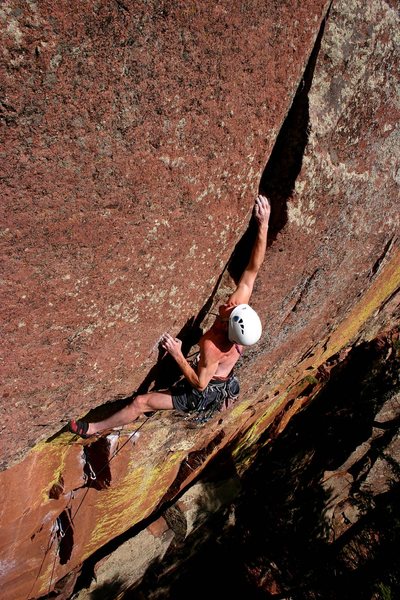 Now that's hard trad climbing! Steve sticking the sweet, sweet crux move.