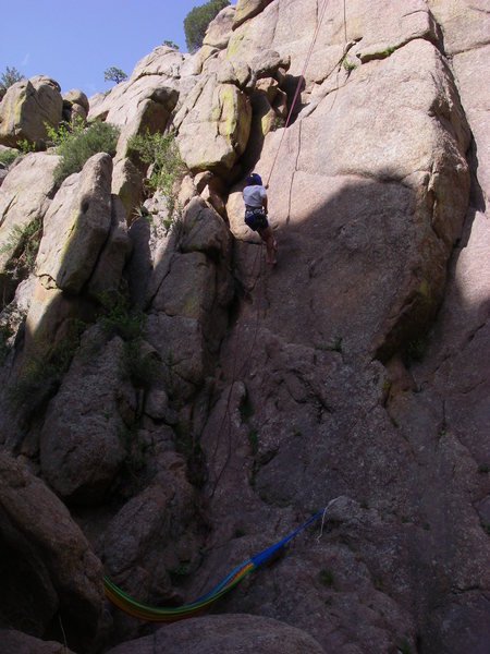 Dave rapping the lower part.  About foot level is 1st mantle, head=2nd, and 3rd is ledge above.