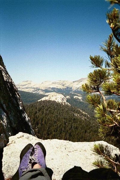Chillin' out on at the top of pitch 7 (?-don't exactly remember), Regular Route on Fairview Dome