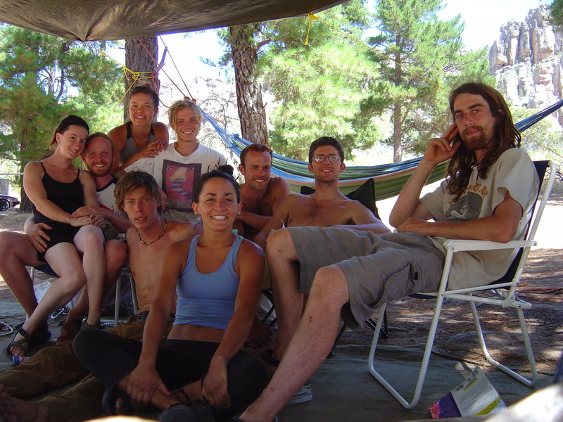 The 2004 Pines crew, Arapiles, AU. Left to Right: Kristyn & Lochlan Masters, Lyndsey, Ollie, Ian, Ximena, Josh, Desmond, and the late Shaun (Shaggy) Kratzer.