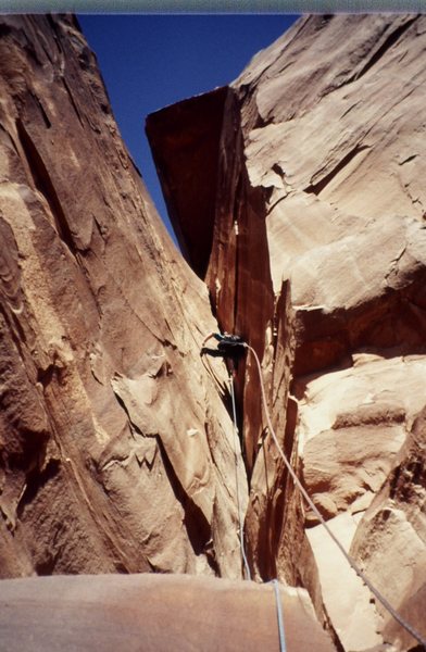 Lance on the crux second pitch of Poseidon Adventure on Lighthouse Tower. I believe this photo was taken in 2000?