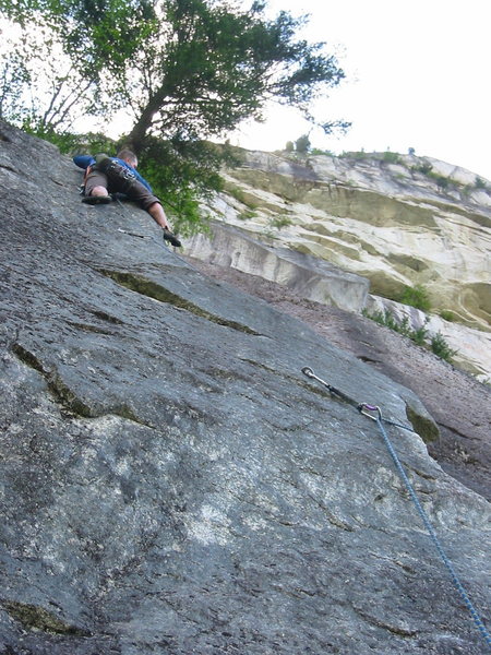 The last moves of Quickdraw. The long distance between the third and fourth bolts makes moving to the crack even more tempting.