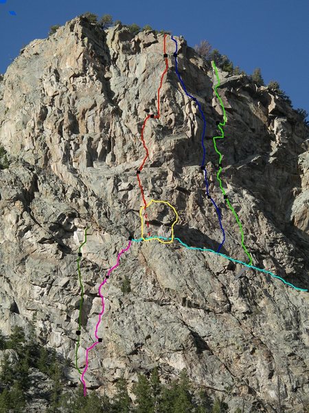 Routes on The Halidome as of May, 2008.<br>
Yellow cirlce: The EIH<br>
Light blue: The Catwalk (ledge)<br>
Dark green: King of the Mountain (.13a) (only P1 and P2 shown)<br>
Pink: Cat Tracks (.11c)<br>
Red: Loosey in the Sky (.12a/b)<br>
Blue: Priceless (.12b)<br>
Green: Touch Gold (.12b/c)
