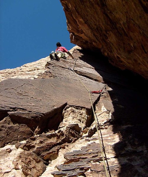 Climbing the varnish on pitch 1 of Ernest Stemmingway.