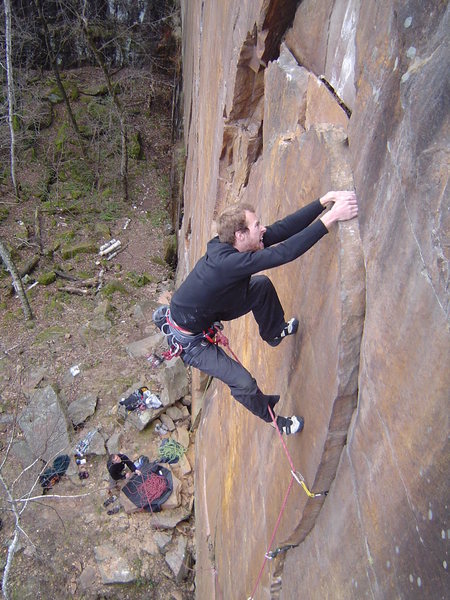 Brandon in the perfect hand crack near the top of Tool Boy.